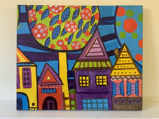 Ready to Hang 50 x 60cm Oil Painting Canvas Wall Art Abstract Houses Trees Gift
