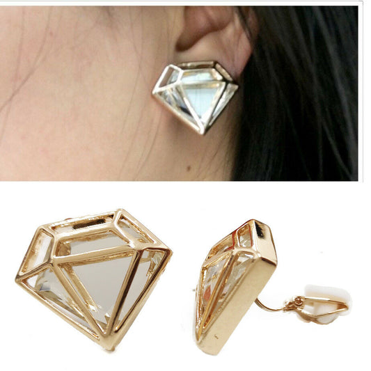Girls Womans Gold Tone Diamand Shape Superwoman Diamante CLIP ON Earrings Studs