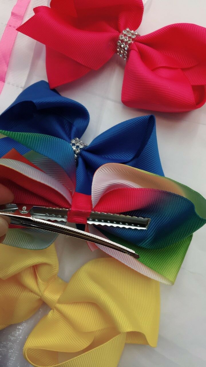 5 Girls Huge Big Hair Bow Set with Bow Holder & Gift Bag - Rainbow Yellow Pink