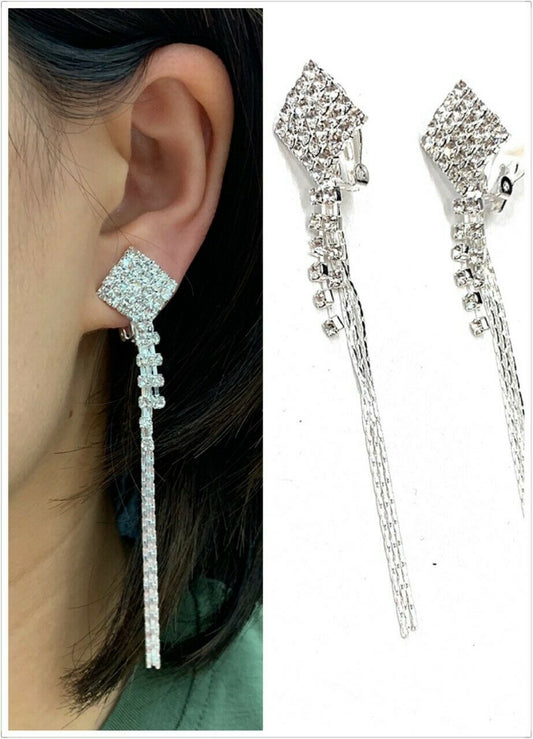 Silver Square Diamante Long Dangle Tassel Clip On Earrings Crystal Non Pierced