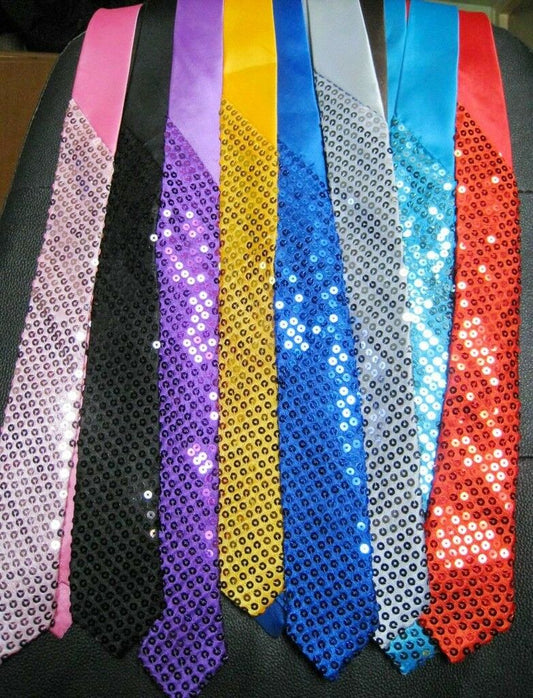 Sequin SATIN SEQUINNED Party Plain 2" Skinny Neck Tie Fancy Dress Magic Show