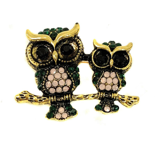 Vintage Owl Brooch Pin Diamante Crystal Rhinestone Broach Women Gold and Black