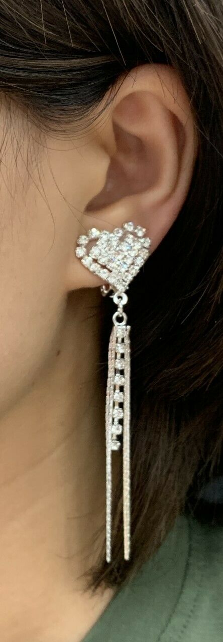 Silver Heart Diamante Long Dangle Tassel Clip On Earrings Crystal Non Pierced UK