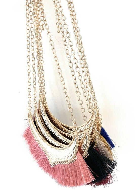 Girls Woman's Gold Tone Statement Tassel Bib Fashion Necklace Chain Gift UK