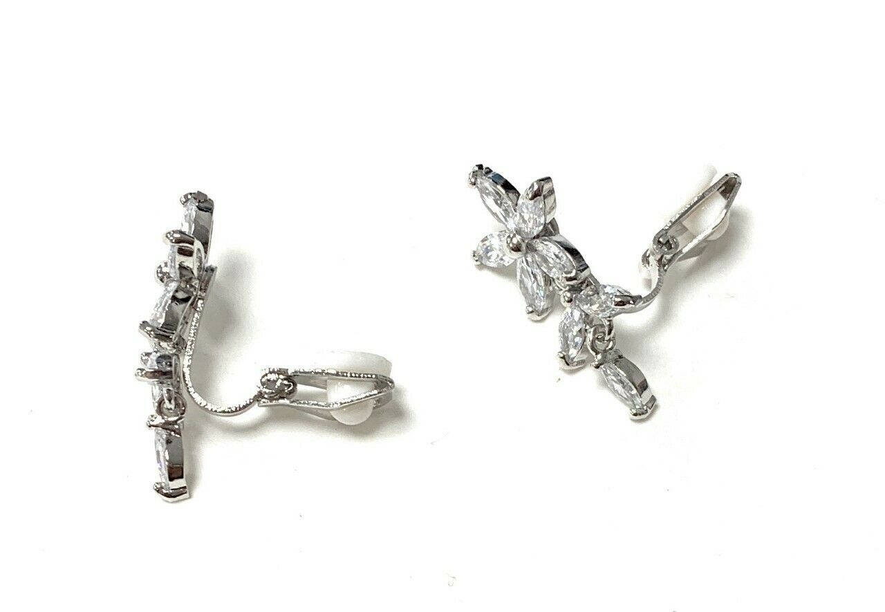 Silver Flower Zircon Crystal Drop Dangle Clip On Earrings Bridal Non Pierced UK