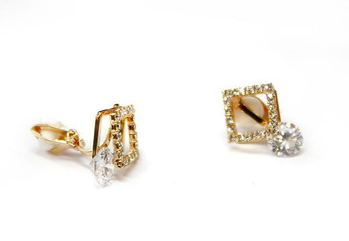 Girls Gold Brilliant Cut Zircon Drop Crystal Square CLIP ON Earrings Stud Studs