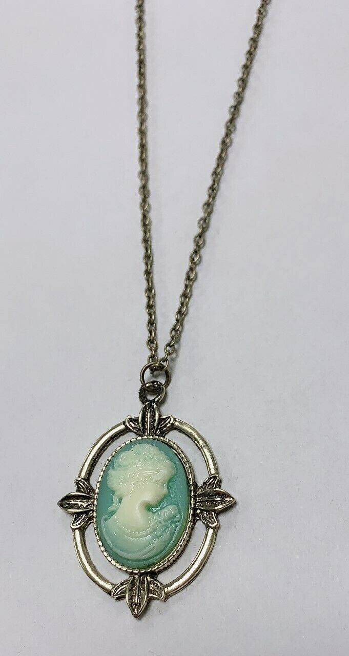 Girls Ladies Vintage Style Bronze Green Lady Cameo Pendant Necklace Chain Retro