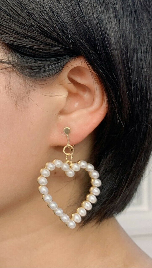 Girls' Women's Gold Pearl Hoop Hoops Heart Dangle Clip On Earrings Drop UK Gift