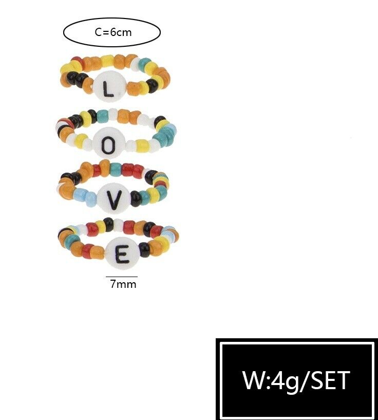 A set of 4 LOVE Letters Memory Wire Colourful Bead Stretch Rings Beaded Ring UK