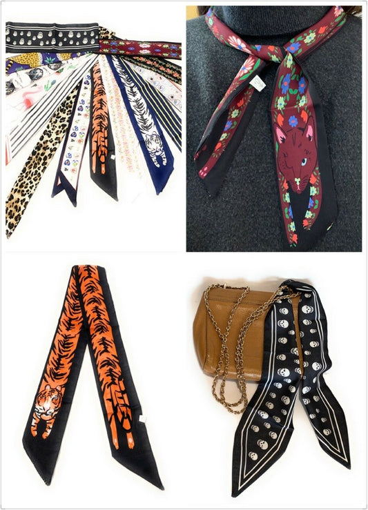 90cm Long Reversible Skinny Scarf Faux Silk Head Scarves Bag Charm Bow Bandana