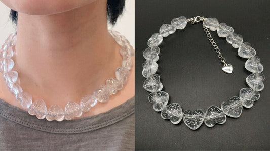 Girls Clear Acrylic Love Heart Bead Chunky Statement Beaded Necklace Choker UK