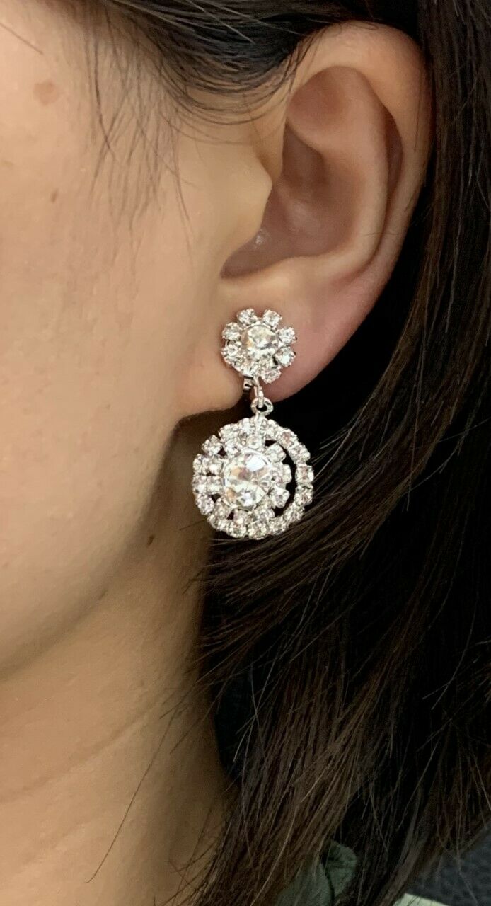 Silver Diamante Drop Dangle Clip On Earrings Crystal Bridal Non Pierced Party UK