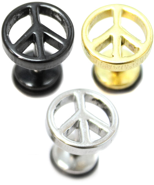 PAIR Peace Mens Earrings Stainless Steel Stud Fake Stretcher Plug Upper Ear