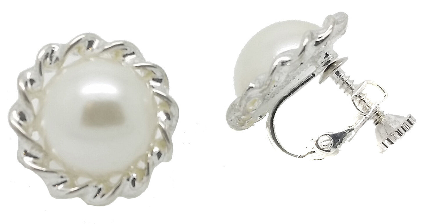 Ladies Screw Back CLIP ON Earrings Pearl Rose Vintage Stud Silver Plated CREAM