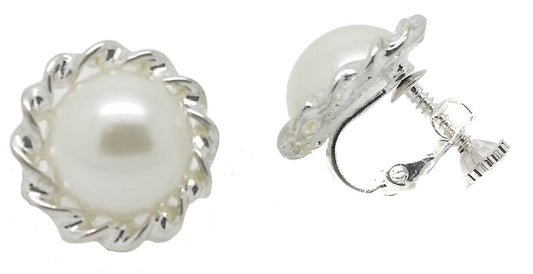 Ladies Screw Back CLIP ON Earrings Pearl Rose Vintage Stud Silver Plated CREAM