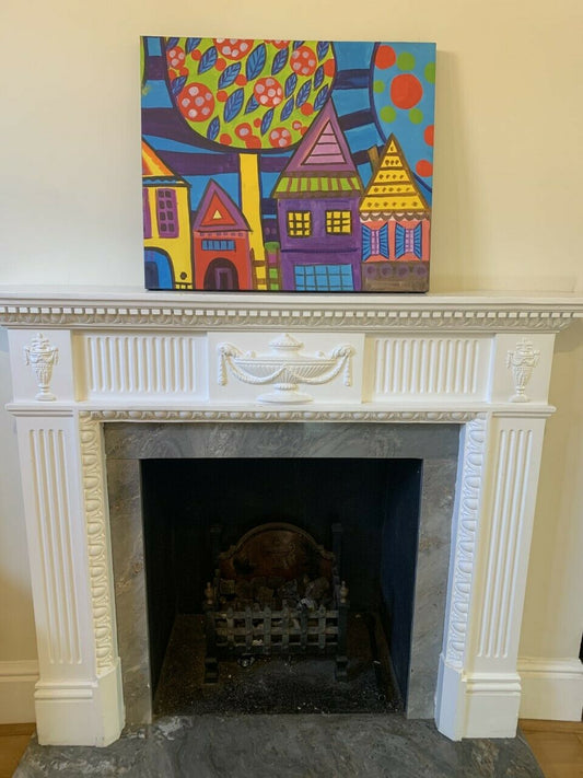 Ready to Hang 50 x 60cm Oil Painting Canvas Wall Art Abstract Houses Trees Gift