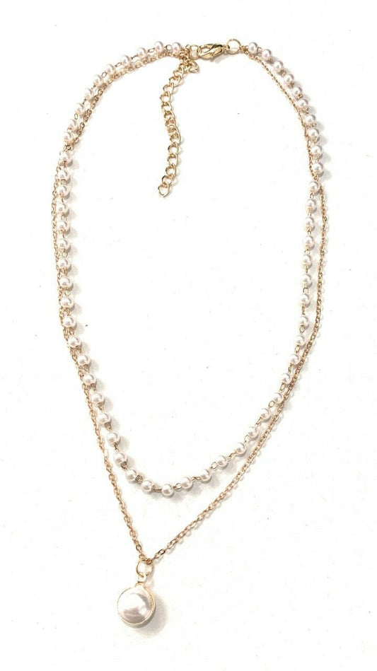 20s Gatsby Gold Tone Faux Pearl Double Layer Choker Pendant Necklace Chain UK
