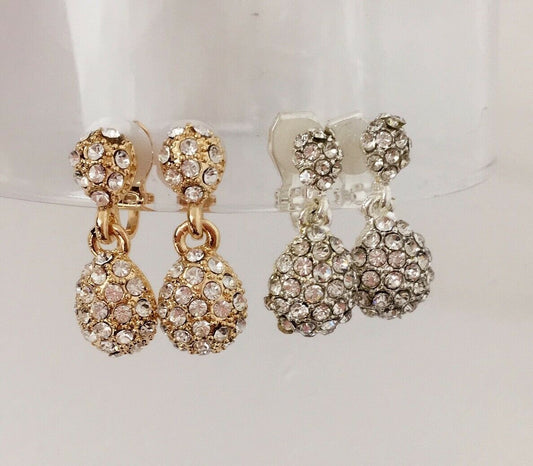 Crystal Teardrop Clip on Earrings Womens Girls Dangle Drop Gatsby Silver or Gold