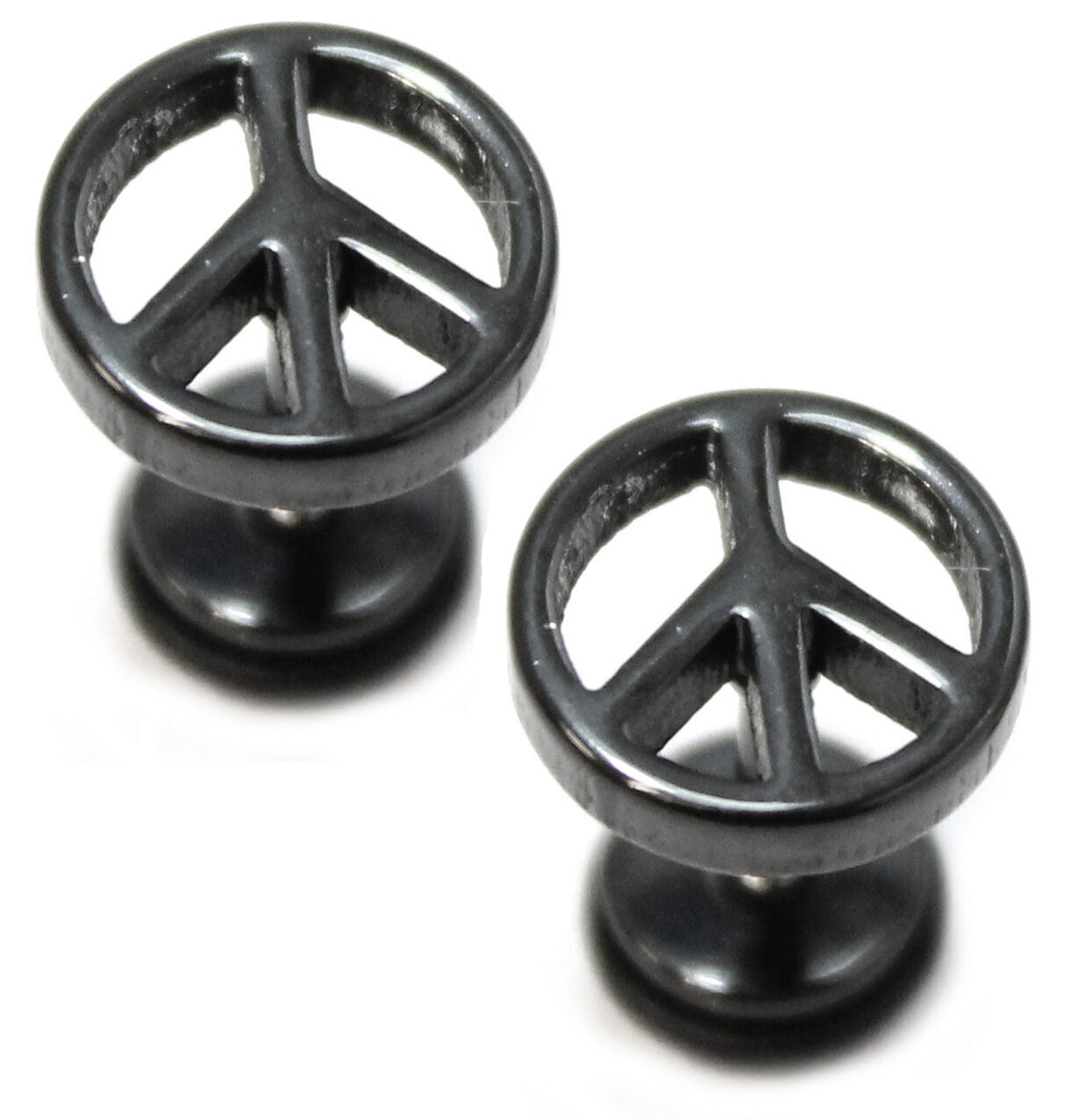 PAIR Peace Mens Earrings Stainless Steel Stud Fake Stretcher Plug Upper Ear