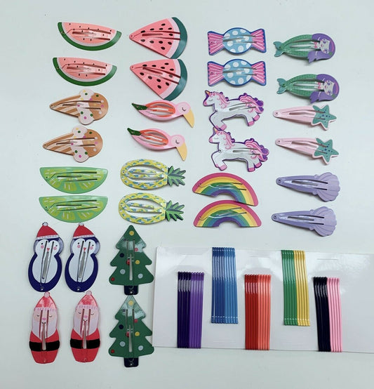 70Pcs Set Girls kids Novelty Hair Clips Snap Clip Slides Santa Unicorn Mermaid