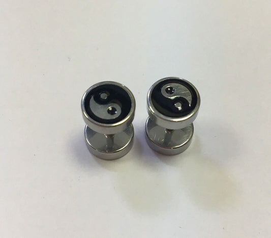 Pair Men's Women's Stainless Steel Silver Black Ying Yang Screw Plug Earrings
