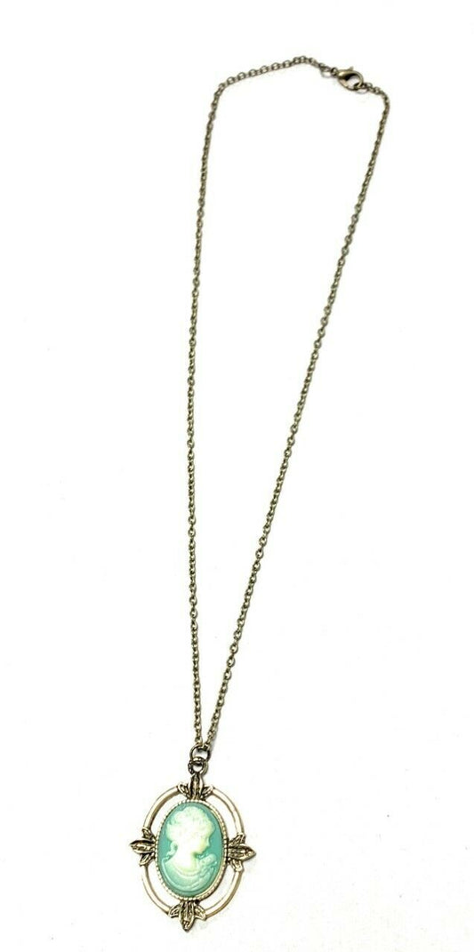 Girls Ladies Vintage Style Bronze Green Lady Cameo Pendant Necklace Chain Retro