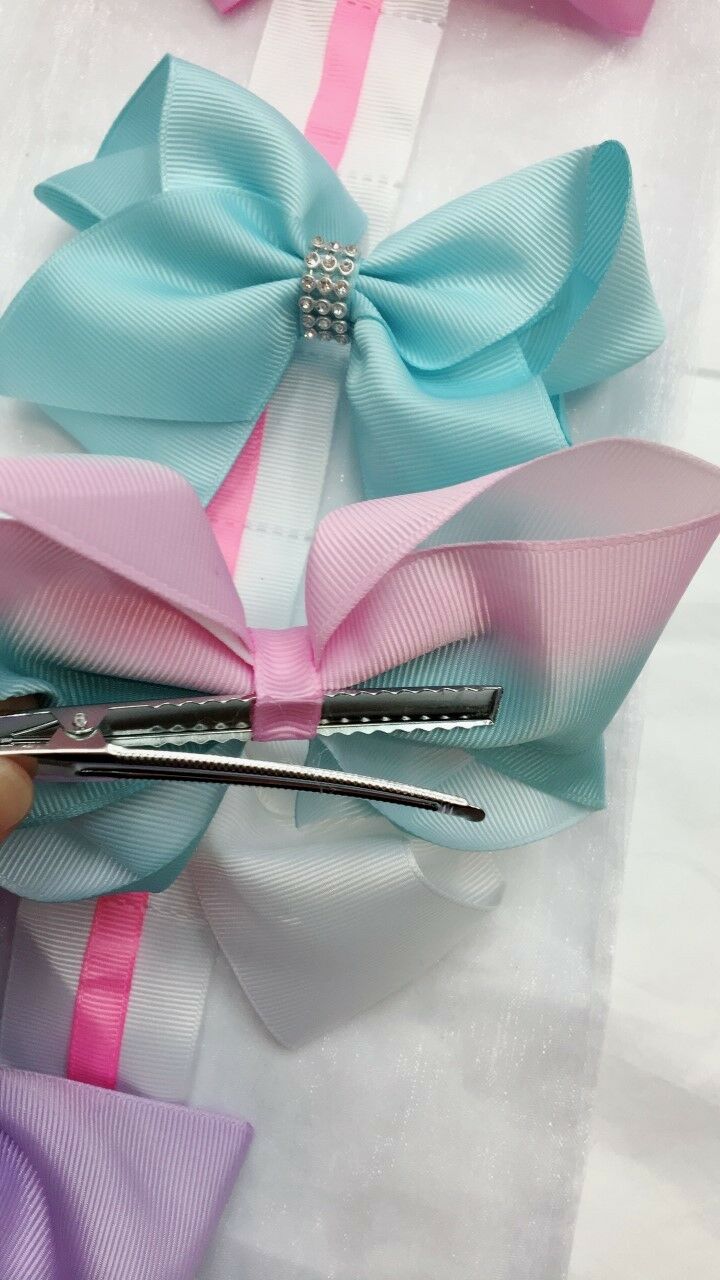 5 Girls Huge Big Hair Bow Set with Bow Holder & Gift Bag - Pink Blue Lilac White