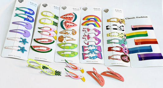 Set Pack Kids Girls Bendies Sleepies Hair Snap Clip Slides - Novelty Design Gift