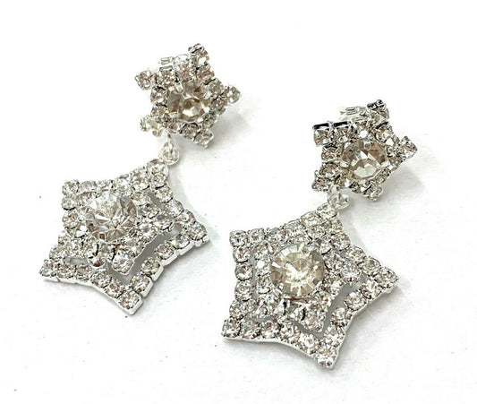 Silver Diamante Star Drop Dangle Clip On Earrings Crystal Bridal Non Pierced