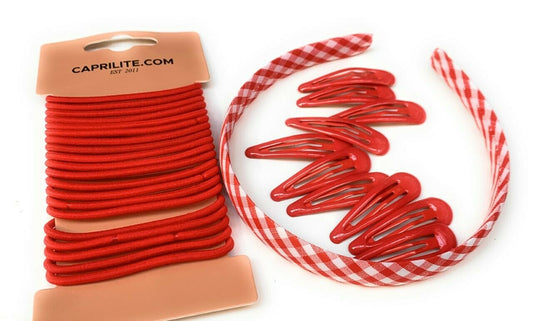 Mega School Hair Accessories Bundle Set - Gingham Checked Headband Clips Bobbles Red