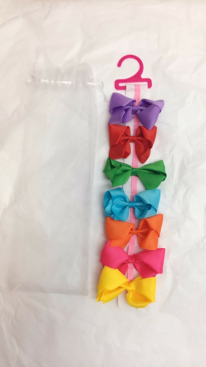 7 Girls Red Pink Green Blue Purple Big Hair Bow Set with Bow Holder & Gift Bag