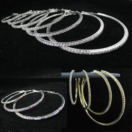 Women Plated Diamante Crystal Rhinestone Big Hoop CZ Earring Jewelry Earrings