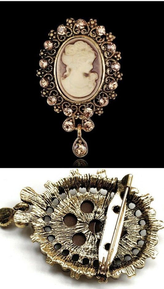 Vintage Retro Style Victorian Lady Cameo Brooch Bag Pin Charm - Bronze Gold