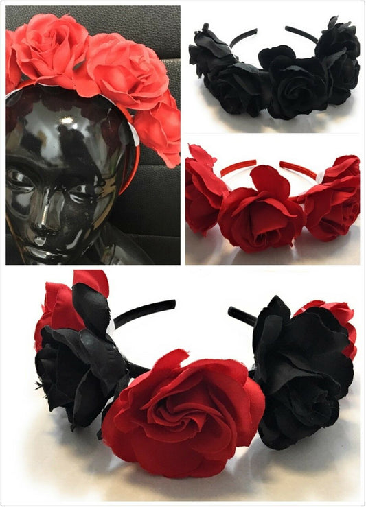 Large Rose Crown Headband Garland Halloween Sugar Skull Velvet Fabric Alice Band