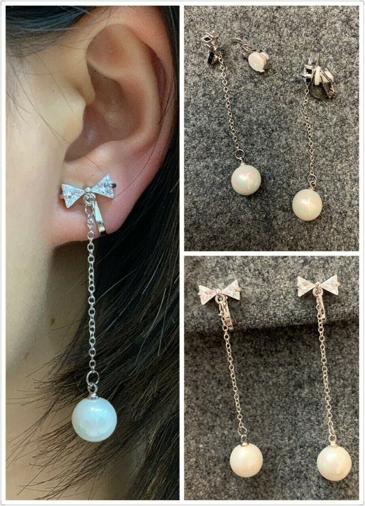 High Quality Silver Zircon Crystal Bow Shell Pearl Drop Dangle Clip On Earrings