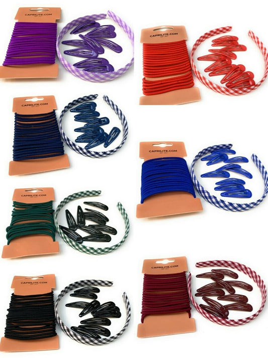 Mega School Hair Accessories Bundle Set - Gingham Checked Headband Clips Bobbles