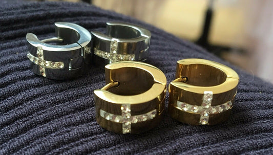 Unisex Cuff Huggie Hoop Stainless Earrings Cross Diamante Motif - Silver or Gold