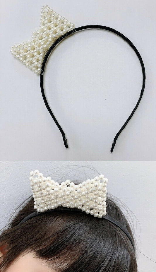 Large Cream Ivory Pearl Bow Black Alice Band Hair Head Headband Girls Fashion
