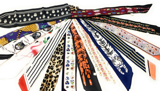 90cm Long Reversible Skinny Scarf Faux Silk Head Scarves Bag Charm Bow Bandana