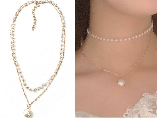 20s Gatsby Gold Tone Faux Pearl Double Layer Choker Pendant Necklace Chain UK