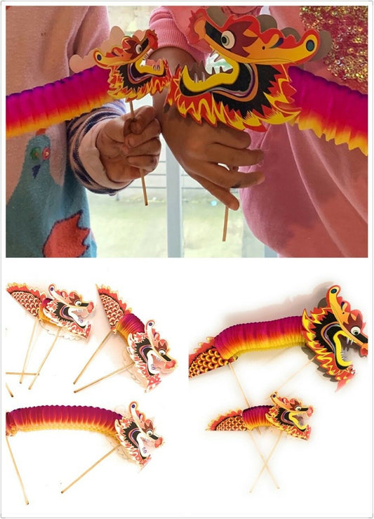 SET 4 Small or 2 Large Chinese Paper Dragon Puppets on Sticks Kids New Year Toy