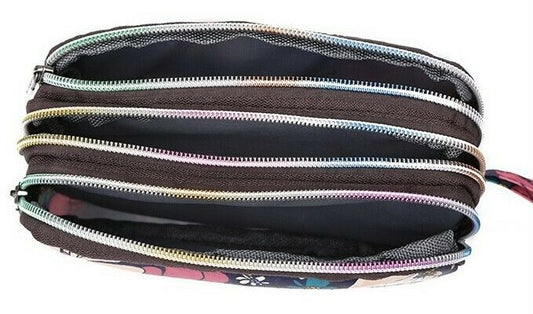 Fun PVC Canvas Wallet Purse Pouch Triple Zip w/ Wrist Strap Wristlet Clutch Bag