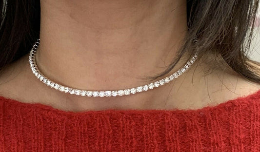 Classic Slim One Row Crystal Choker Necklace Silver Sparkly Diamante Party UK