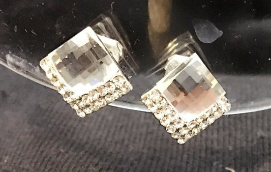 Girls Womans Square Crystal Diamante CLIP ON Earrings Studs