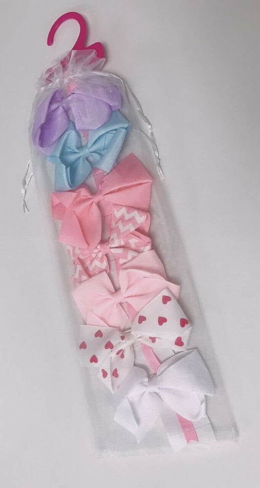 7 x Girls Children's Hair Bows Gift Set with Bow Holder and Dust Bag
