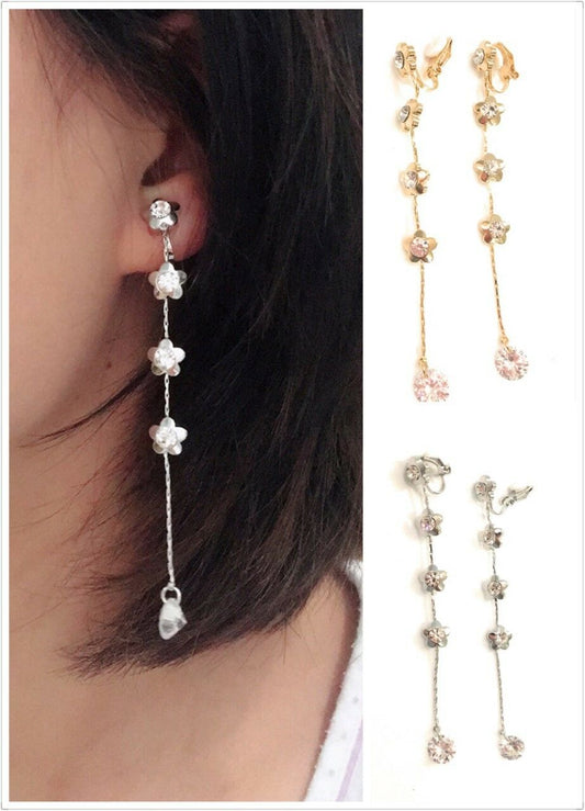 Long Flower Liquid Chandelier Tassel Dangle CLIP ON Earrings Non Pierced Ears