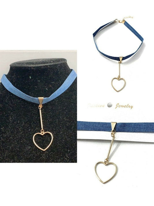 Classic Blue Denim Choker Necklace with Gold Tone Heart Pendant Party UK Gift