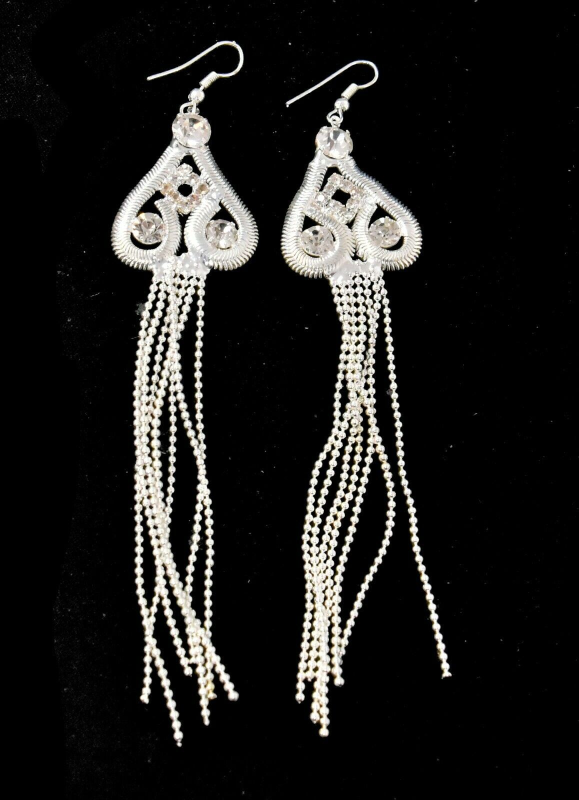 Silver Crystal Earrings Round Drop Dangle Long Tassel Clip On Crystal Hook