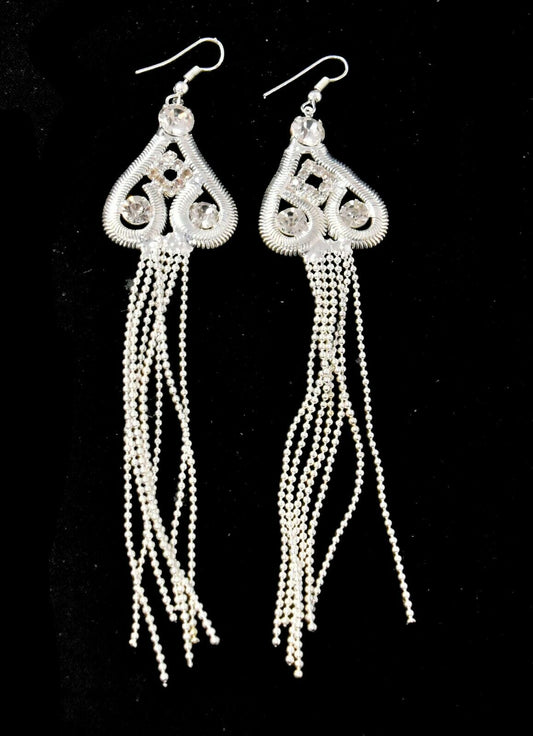 Silver Crystal Earrings Round Drop Dangle Long Tassel Clip On Crystal Hook