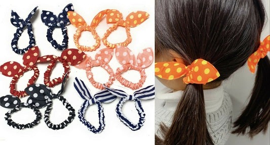 12 Hair Scrunchies Girls Hair Bobbles Elastics Hair Bow Bunny Ears Polka Dot Set